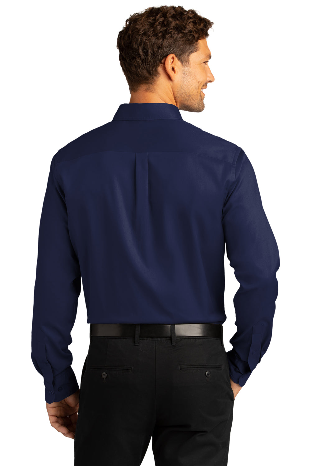 Port Authority W808 Mens SuperPro Wrinkle Resistant React Long Sleeve Button Down Shirt w/ Pocket True Navy Blue Model Back