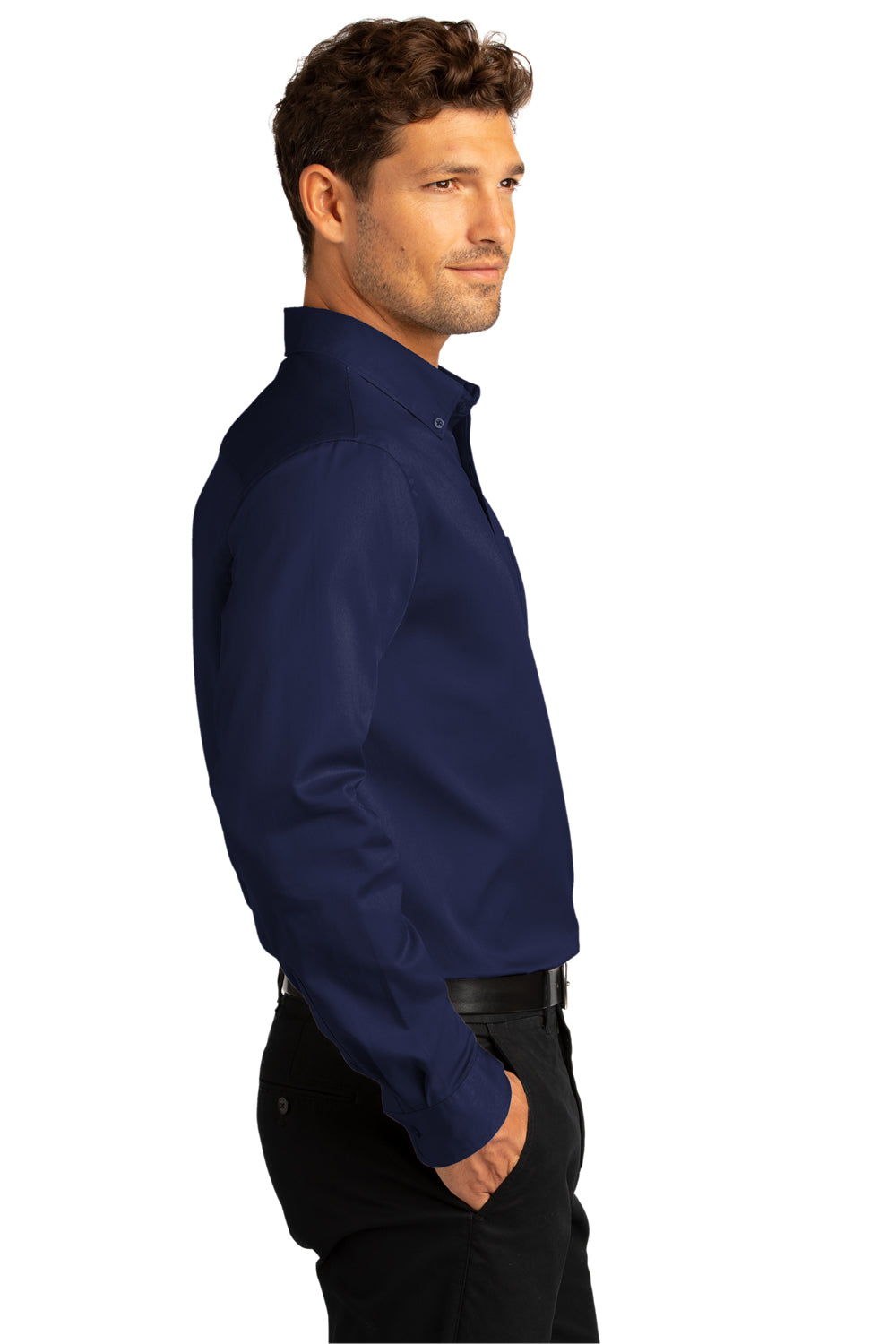 Port Authority W808 Mens SuperPro Wrinkle Resistant React Long Sleeve Button Down Shirt w/ Pocket True Navy Blue Model Side