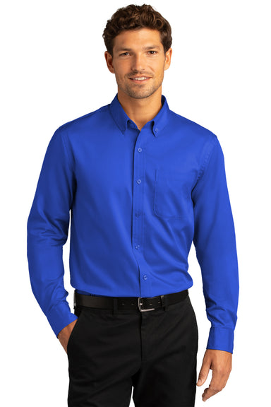 Port Authority W808 Mens SuperPro Wrinkle Resistant React Long Sleeve Button Down Shirt w/ Pocket True Royal Blue Model Front