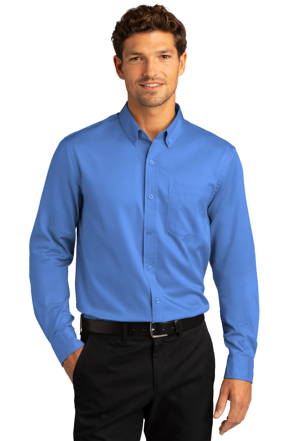 Port Authority W808 Mens SuperPro Wrinkle Resistant React Long Sleeve Button Down Shirt w/ Pocket Ultramarine Blue Model Front