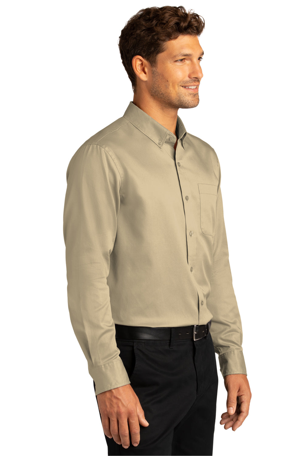 Port Authority W808 Mens SuperPro Wrinkle Resistant React Long Sleeve Button Down Shirt w/ Pocket Wheat Model 3q