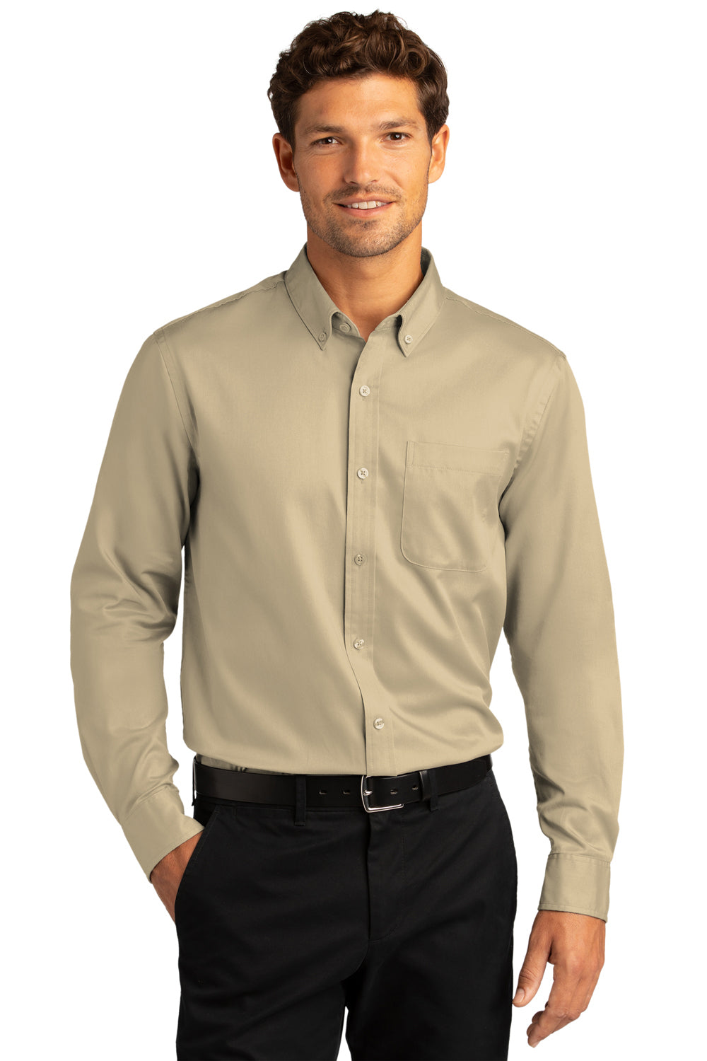 Port Authority W808 Mens SuperPro Wrinkle Resistant React Long Sleeve Button Down Shirt w/ Pocket Wheat Model Front