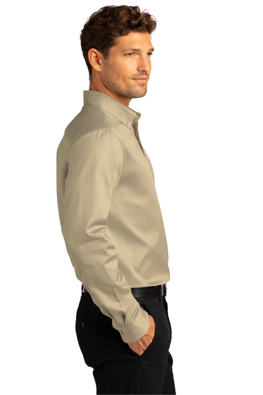 Port Authority W808 Mens SuperPro Wrinkle Resistant React Long Sleeve Button Down Shirt w/ Pocket Wheat Model Side