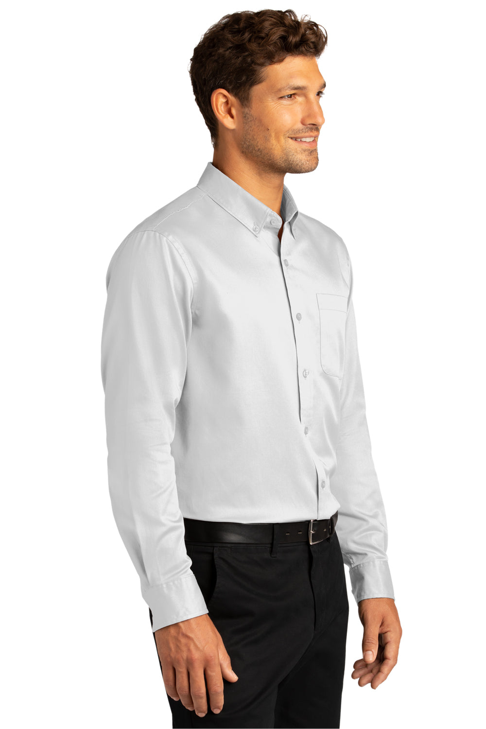 Port Authority W808 Mens SuperPro Wrinkle Resistant React Long Sleeve Button Down Shirt w/ Pocket White Model 3q