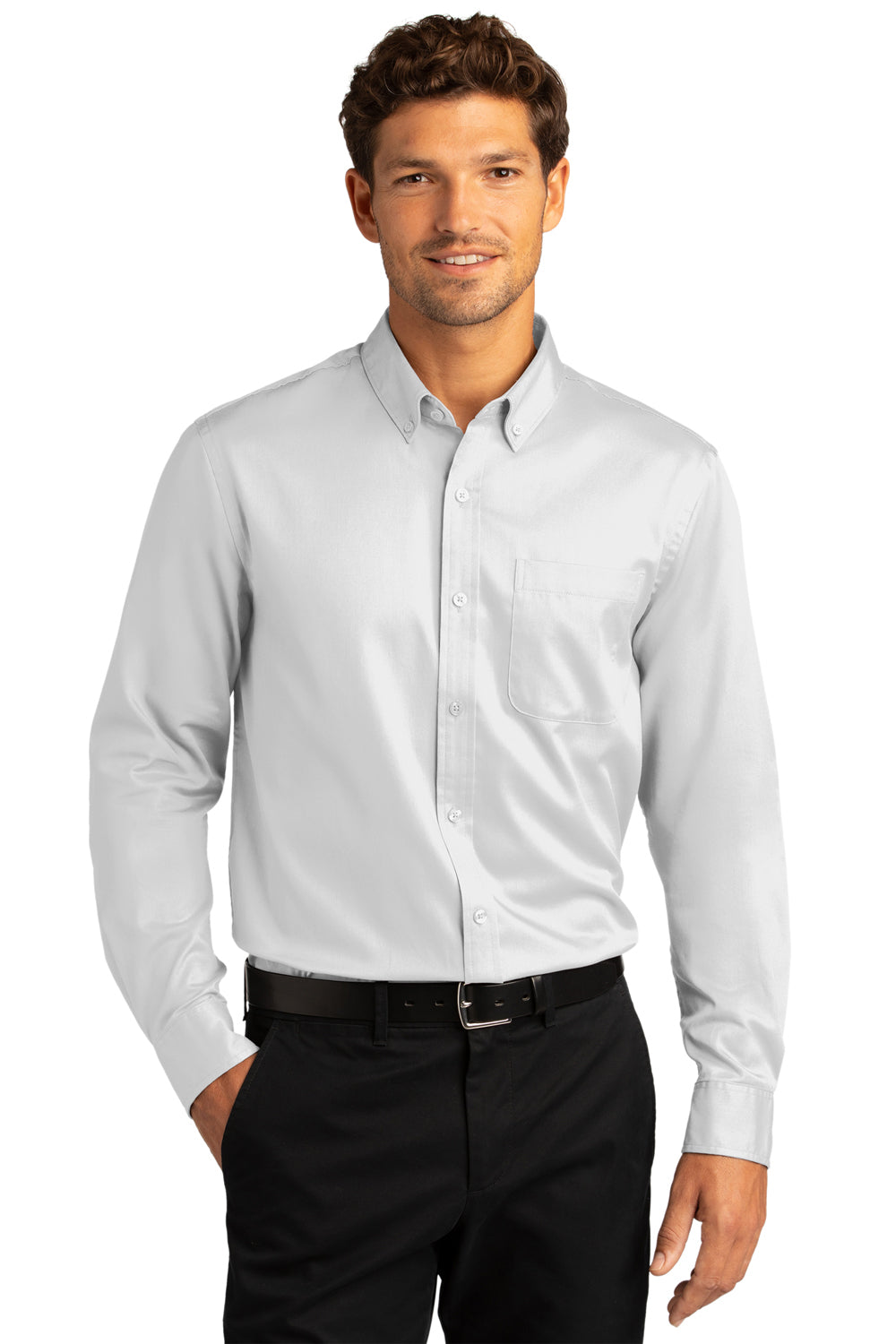 Port Authority W808 Mens SuperPro Wrinkle Resistant React Long Sleeve Button Down Shirt w/ Pocket White Model Front