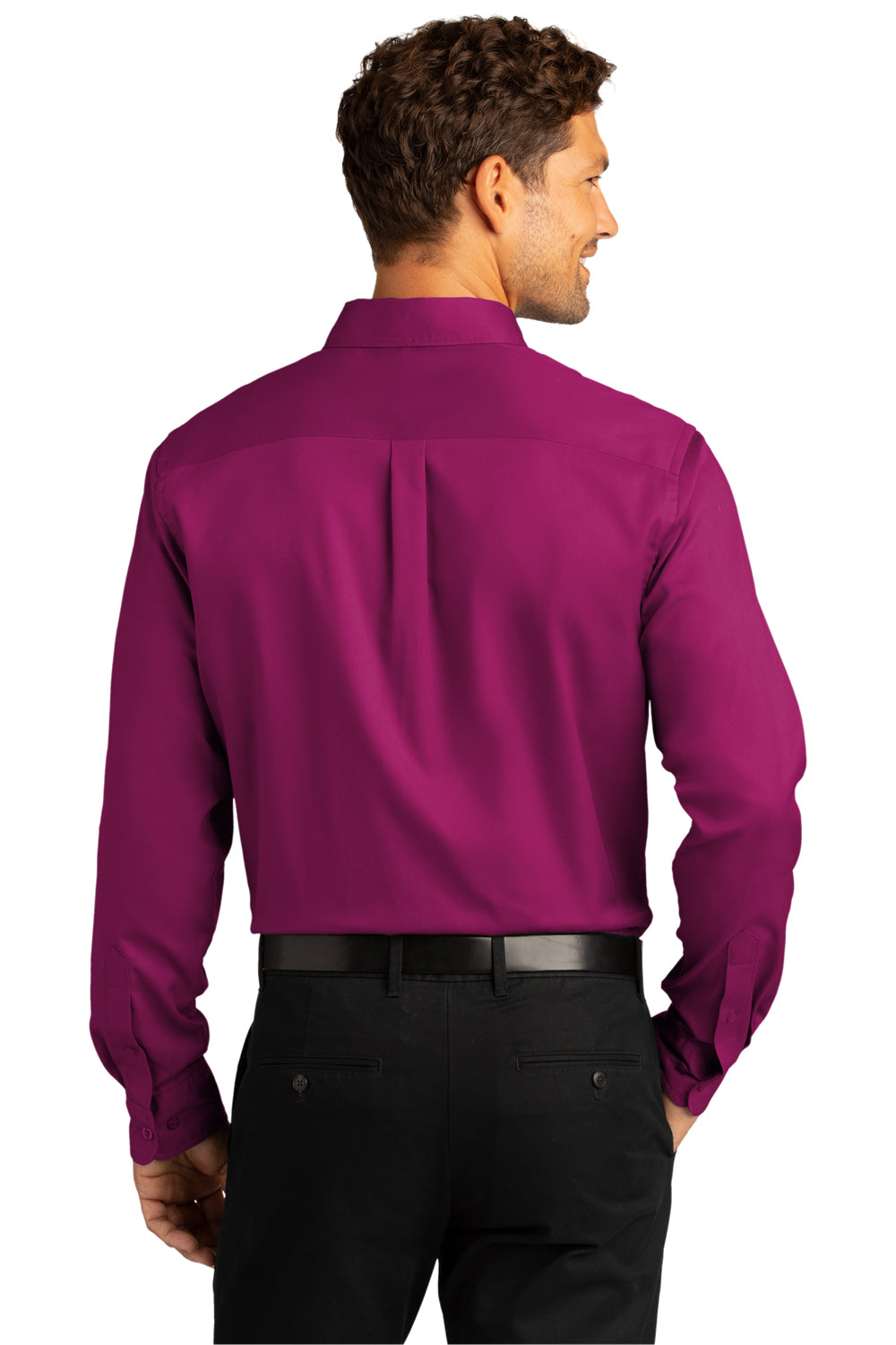 Port Authority W808 Mens SuperPro Wrinkle Resistant React Long Sleeve Button Down Shirt w/ Pocket Wild Berry Model Back