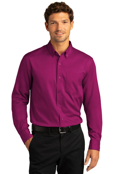 Port Authority W808 Mens SuperPro Wrinkle Resistant React Long Sleeve Button Down Shirt w/ Pocket Wild Berry Model Front