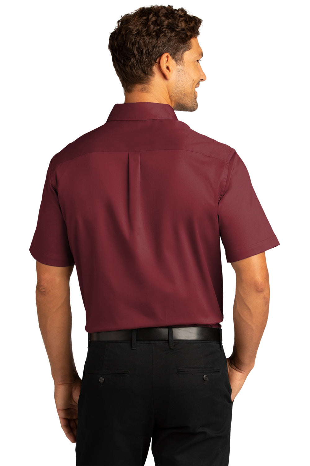 Port Authority W809 Mens SuperPro Wrinkle Resistant React Short Sleeve Button Down Shirt w/ Pocket Burgundy Model Back