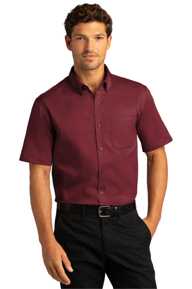 Port Authority W809 Mens SuperPro Wrinkle Resistant React Short Sleeve Button Down Shirt w/ Pocket Burgundy Model Front