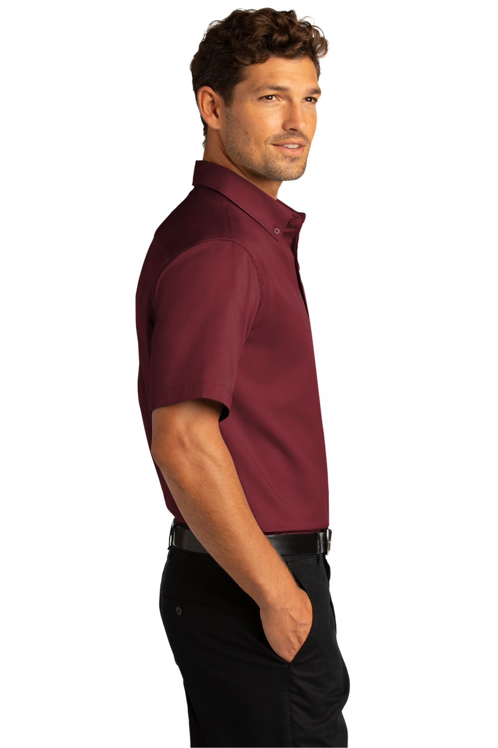 Port Authority W809 Mens SuperPro Wrinkle Resistant React Short Sleeve Button Down Shirt w/ Pocket Burgundy Model Side