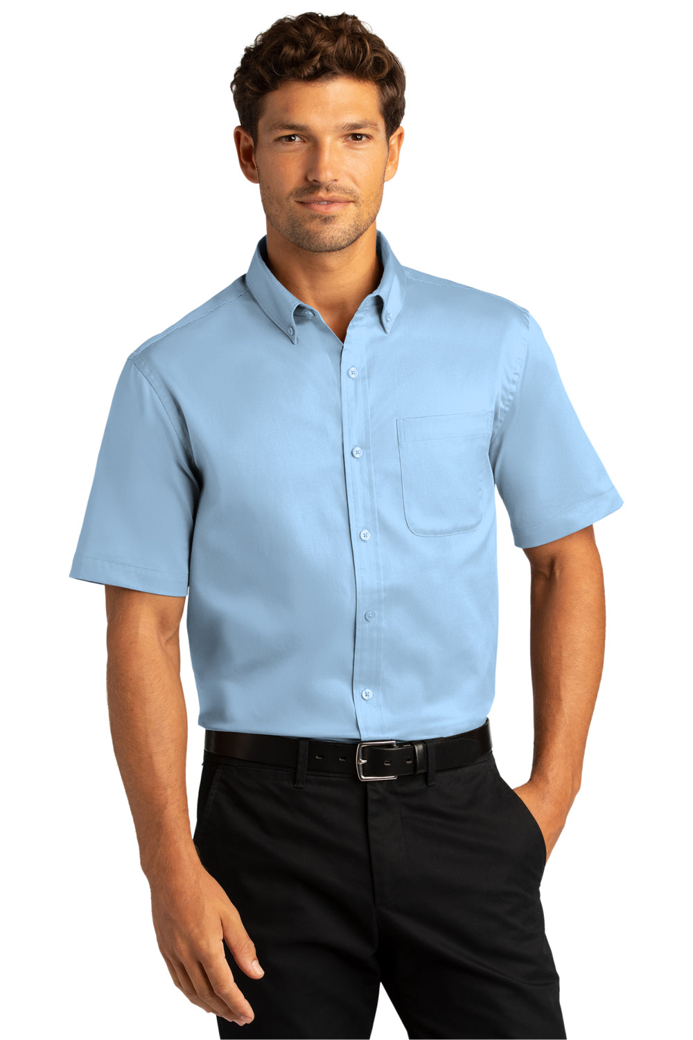 Port Authority W809 Mens SuperPro Wrinkle Resistant React Short Sleeve Button Down Shirt w/ Pocket Cloud Blue Model Front