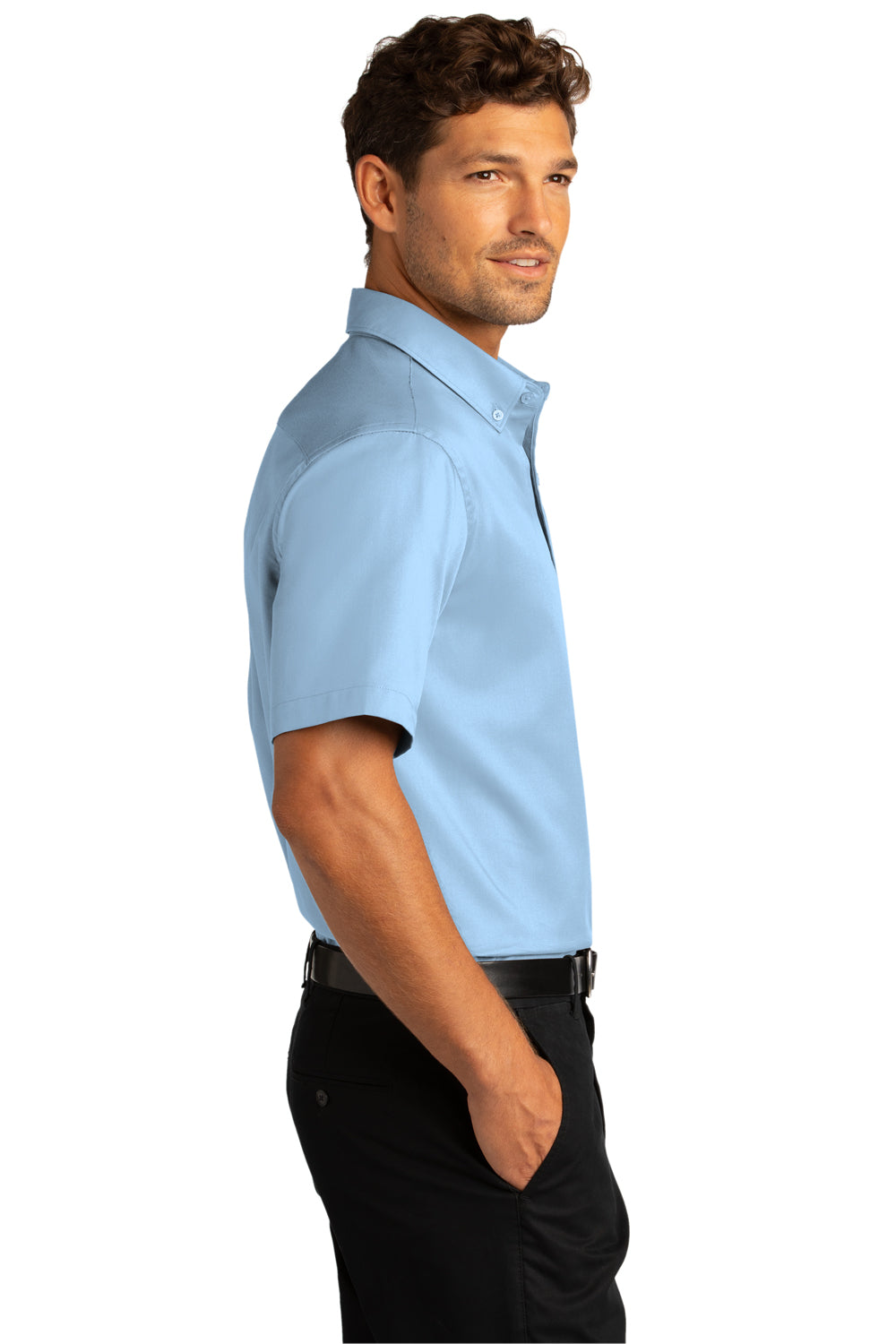 Port Authority W809 Mens SuperPro Wrinkle Resistant React Short Sleeve Button Down Shirt w/ Pocket Cloud Blue Model Side