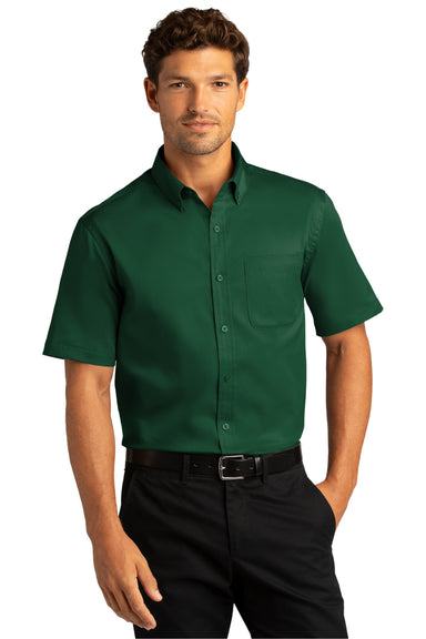 Port Authority W809 Mens SuperPro Wrinkle Resistant React Short Sleeve Button Down Shirt w/ Pocket Dark Green Model Front