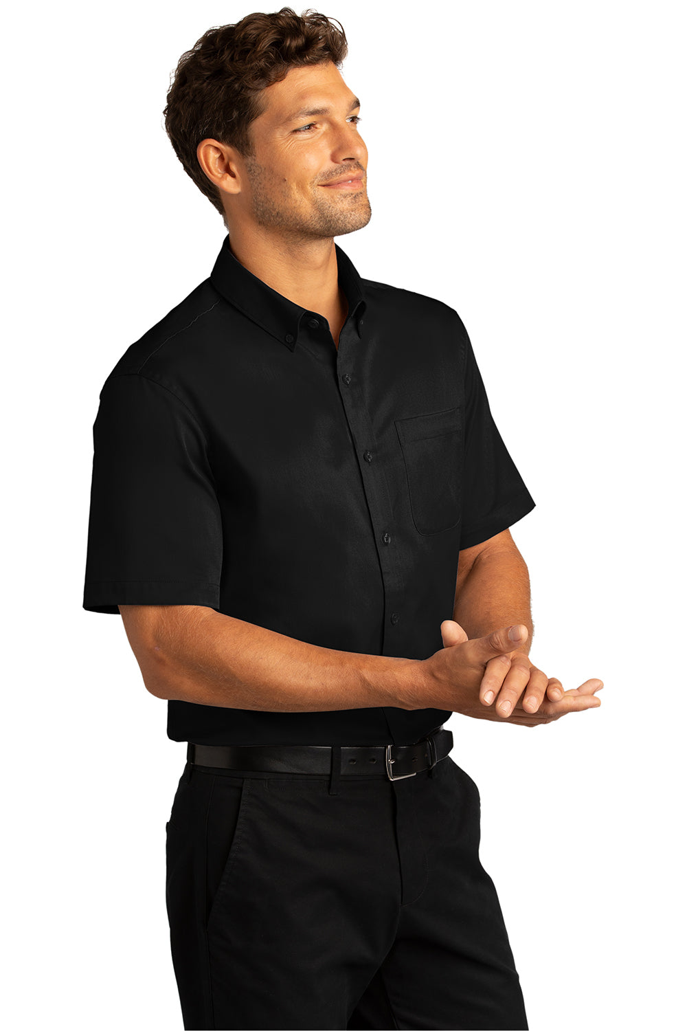 Port Authority W809 Mens SuperPro Wrinkle Resistant React Short Sleeve Button Down Shirt w/ Pocket Deep Black Model 3q