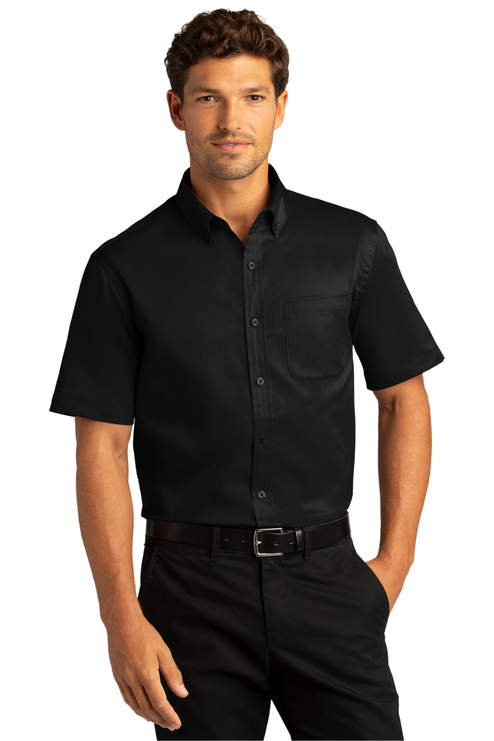 Port Authority W809 Mens SuperPro Wrinkle Resistant React Short Sleeve Button Down Shirt w/ Pocket Deep Black Model Front