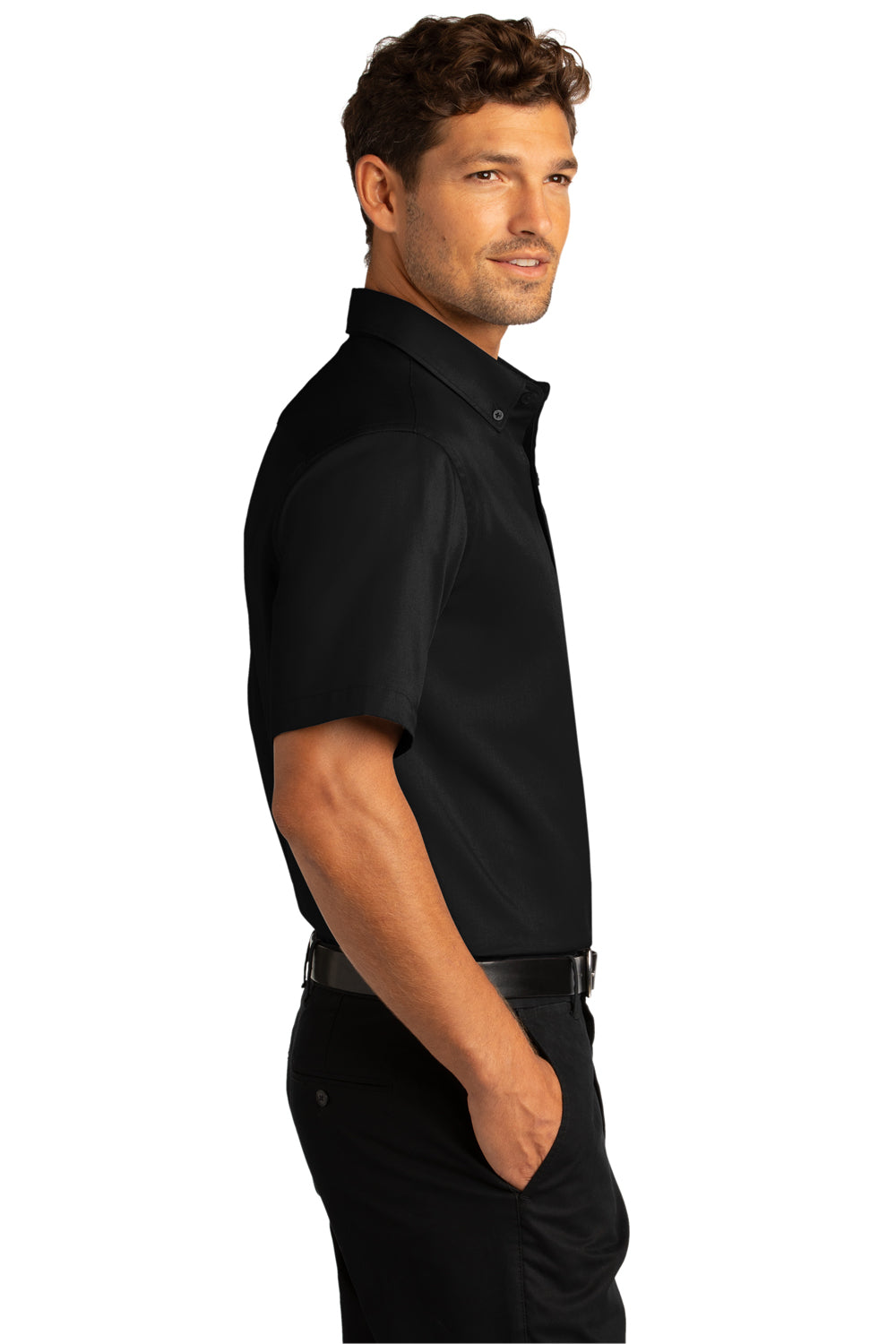 Port Authority W809 Mens SuperPro Wrinkle Resistant React Short Sleeve Button Down Shirt w/ Pocket Deep Black Model Side