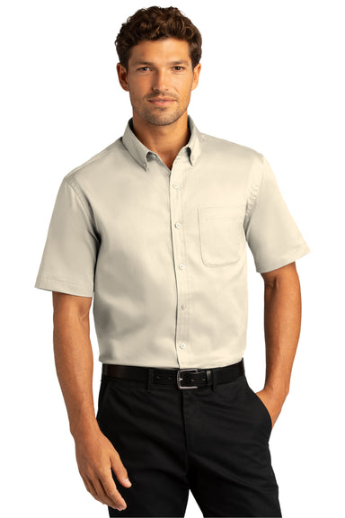 Port Authority W809 Mens SuperPro Wrinkle Resistant React Short Sleeve Button Down Shirt w/ Pocket Ecru Model Front