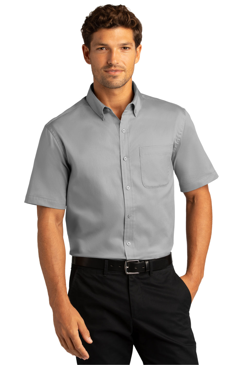 Port Authority W809 Mens SuperPro Wrinkle Resistant React Short Sleeve Button Down Shirt w/ Pocket Gusty Grey Model Front