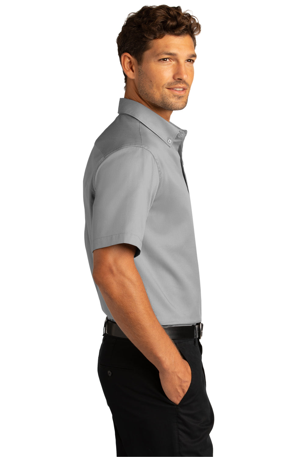 Port Authority W809 Mens SuperPro Wrinkle Resistant React Short Sleeve Button Down Shirt w/ Pocket Gusty Grey Model Side