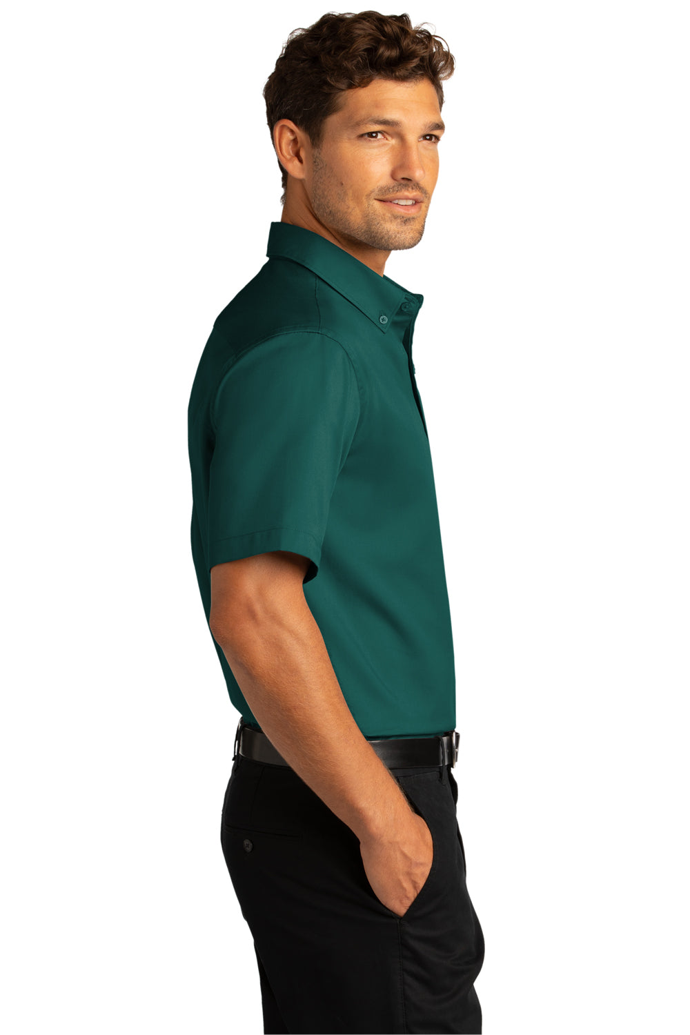 Port Authority W809 Mens SuperPro Wrinkle Resistant React Short Sleeve Button Down Shirt w/ Pocket Marine Green Model Side