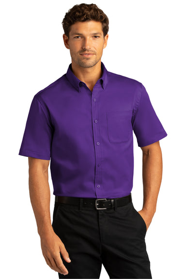 Port Authority W809 Mens SuperPro Wrinkle Resistant React Short Sleeve Button Down Shirt w/ Pocket Purple Model Front