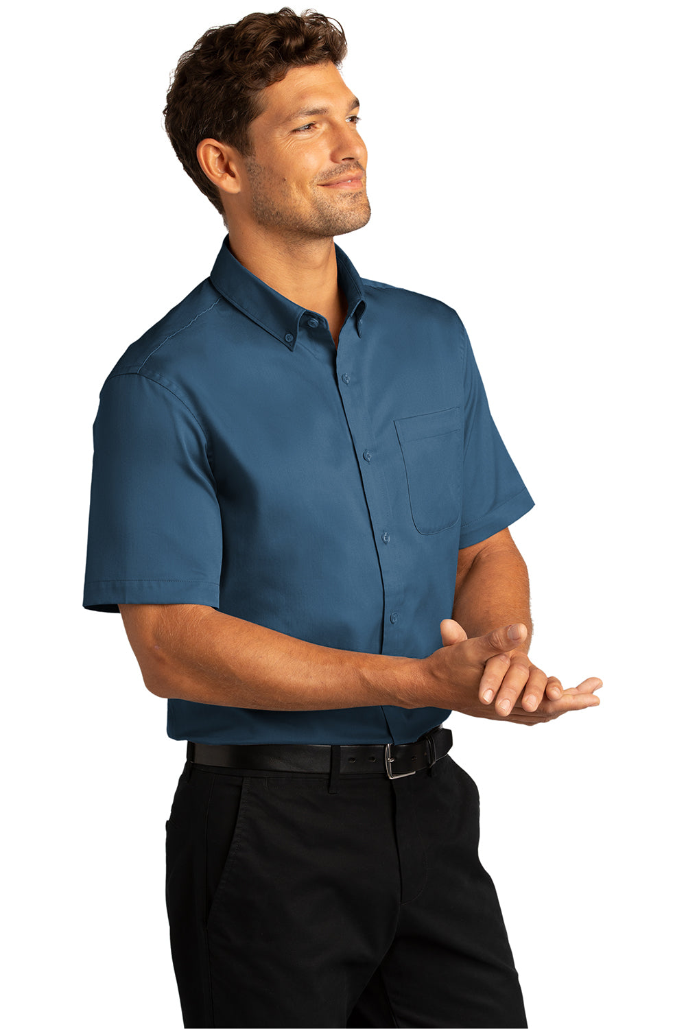 Port Authority W809 Mens SuperPro Wrinkle Resistant React Short Sleeve Button Down Shirt w/ Pocket Regatta Blue Model 3q