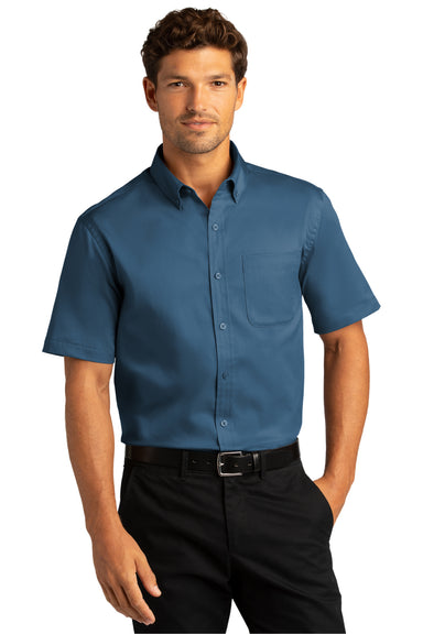 Port Authority W809 Mens SuperPro Wrinkle Resistant React Short Sleeve Button Down Shirt w/ Pocket Regatta Blue Model Front