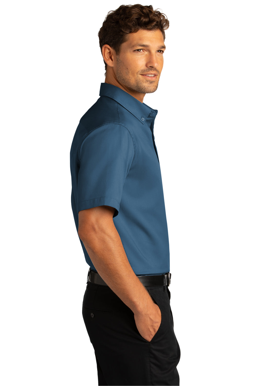 Port Authority W809 Mens SuperPro Wrinkle Resistant React Short Sleeve Button Down Shirt w/ Pocket Regatta Blue Model Side