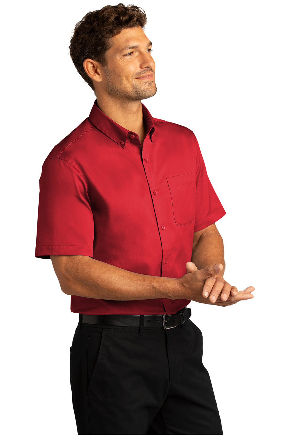 Port Authority W809 Mens SuperPro Wrinkle Resistant React Short Sleeve Button Down Shirt w/ Pocket Rich Red Model 3q