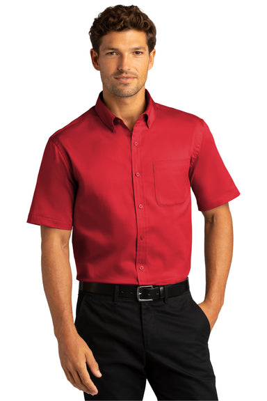 Port Authority W809 Mens SuperPro Wrinkle Resistant React Short Sleeve Button Down Shirt w/ Pocket Rich Red Model Front