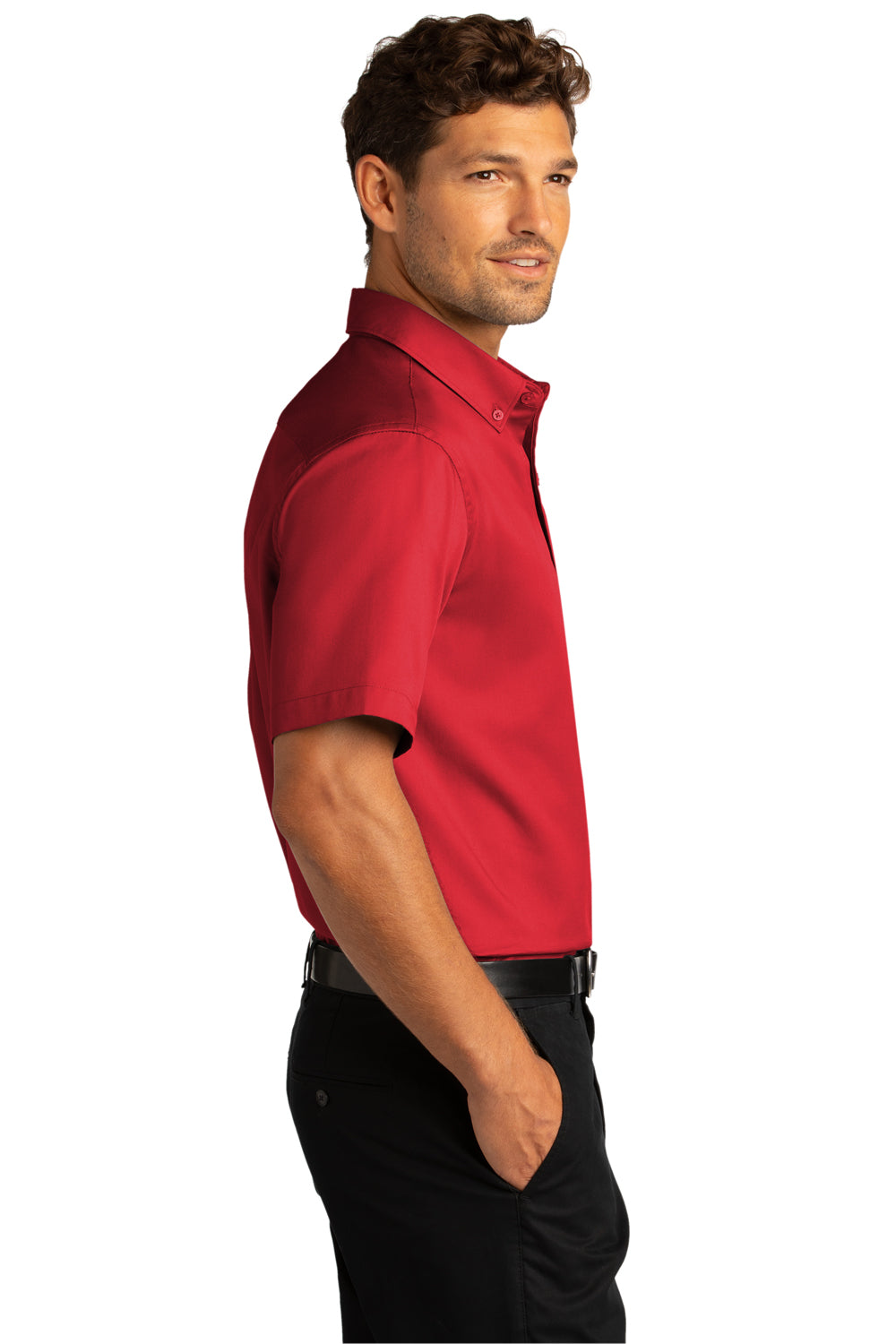 Port Authority W809 Mens SuperPro Wrinkle Resistant React Short Sleeve Button Down Shirt w/ Pocket Rich Red Model Side