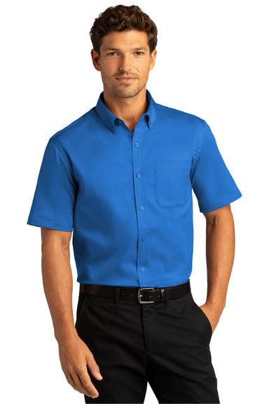 Port Authority W809 Mens SuperPro Wrinkle Resistant React Short Sleeve Button Down Shirt w/ Pocket Strong Blue Model Front