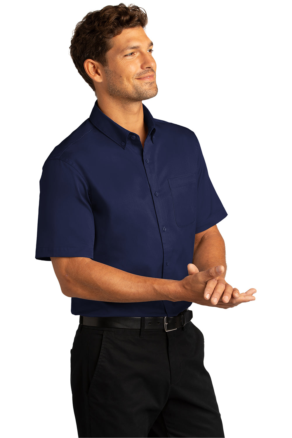 Port Authority W809 Mens SuperPro Wrinkle Resistant React Short Sleeve Button Down Shirt w/ Pocket True Navy Blue Model 3q