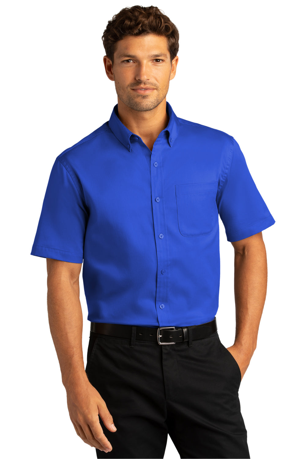 Port Authority W809 Mens SuperPro Wrinkle Resistant React Short Sleeve Button Down Shirt w/ Pocket True Royal Blue Model Front