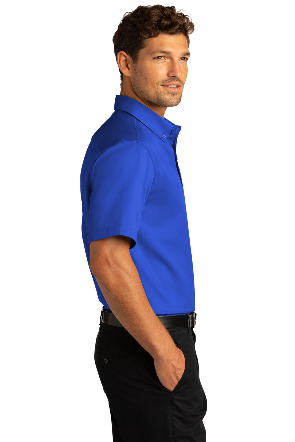 Port Authority W809 Mens SuperPro Wrinkle Resistant React Short Sleeve Button Down Shirt w/ Pocket True Royal Blue Model Side