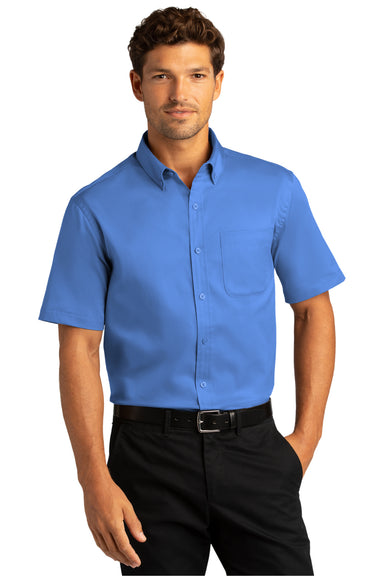 Port Authority W809 Mens SuperPro Wrinkle Resistant React Short Sleeve Button Down Shirt w/ Pocket Ultramarine Blue Model Front