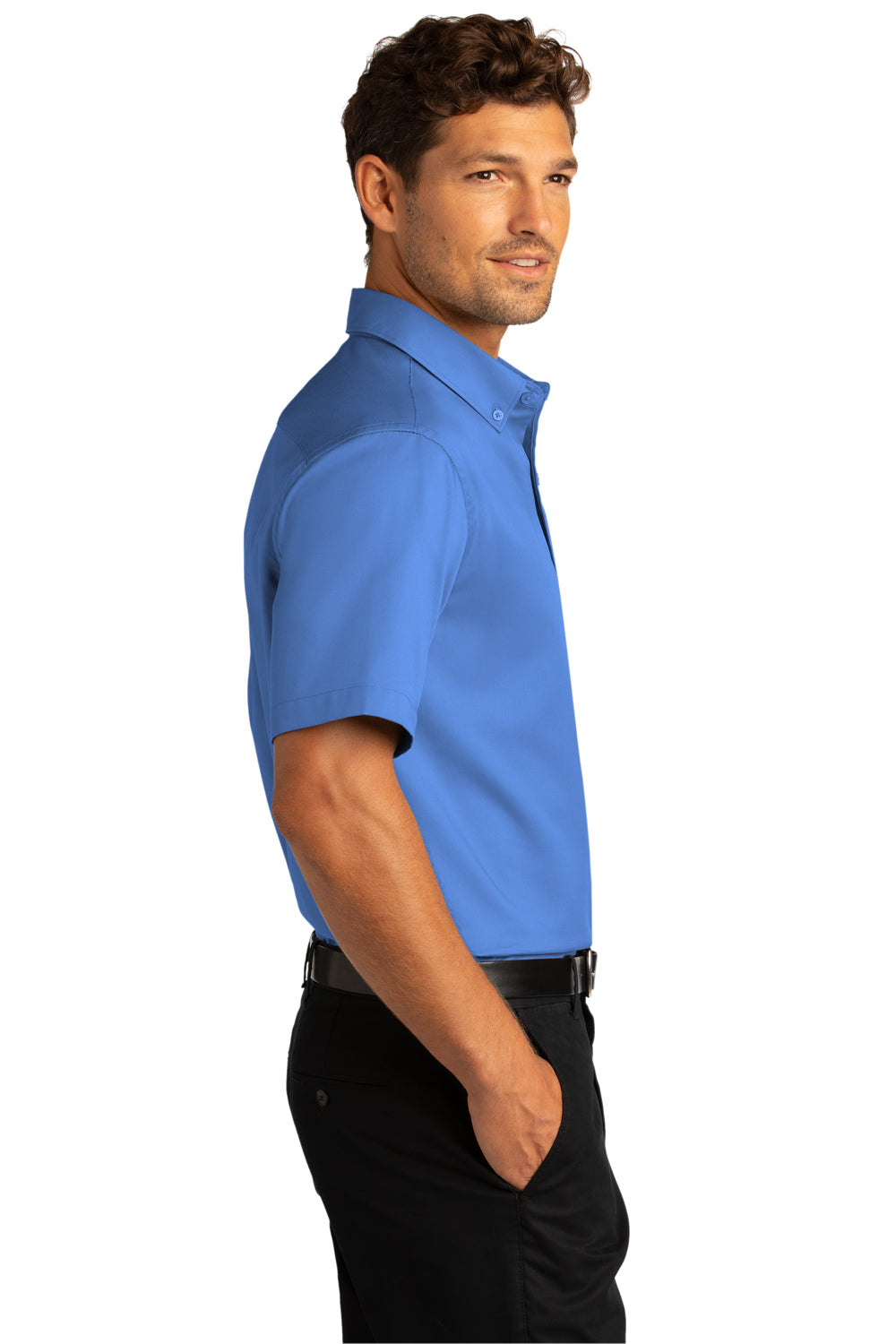 Port Authority W809 Mens SuperPro Wrinkle Resistant React Short Sleeve Button Down Shirt w/ Pocket Ultramarine Blue Model Side