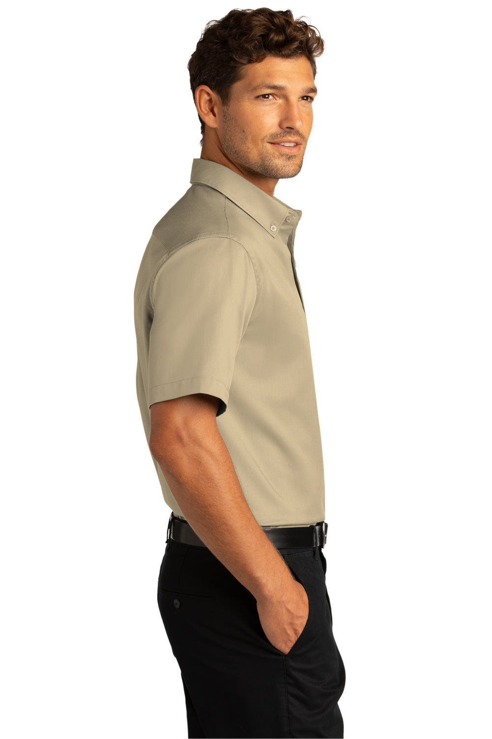 Port Authority W809 Mens SuperPro Wrinkle Resistant React Short Sleeve Button Down Shirt w/ Pocket Wheat Model Side