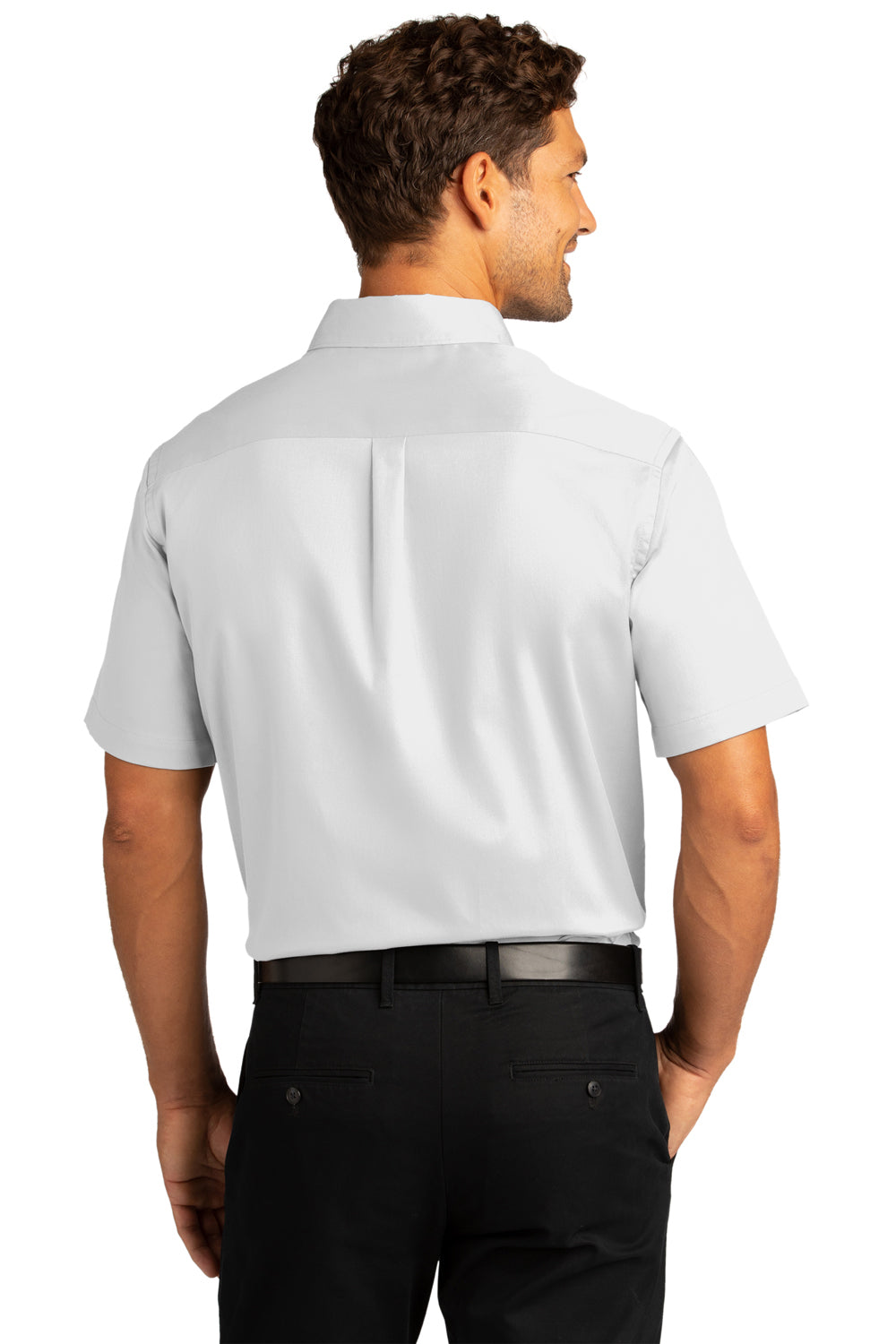 Port Authority W809 Mens SuperPro Wrinkle Resistant React Short Sleeve Button Down Shirt w/ Pocket White Model Back