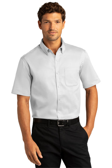 Port Authority W809 Mens SuperPro Wrinkle Resistant React Short Sleeve Button Down Shirt w/ Pocket White Model Front