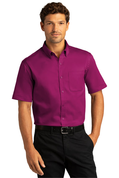 Port Authority W809 Mens SuperPro Wrinkle Resistant React Short Sleeve Button Down Shirt w/ Pocket Wild Berry Model Front