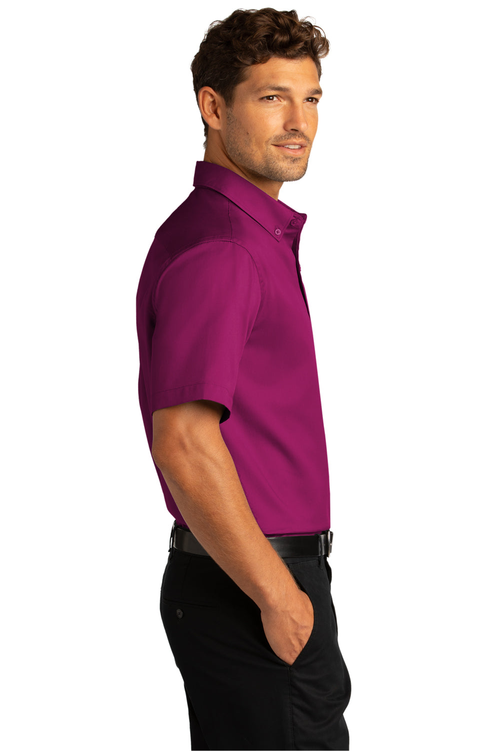 Port Authority W809 Mens SuperPro Wrinkle Resistant React Short Sleeve Button Down Shirt w/ Pocket Wild Berry Model Side