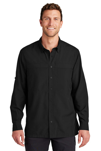 Port Authority W960 Mens Daybreak Moisture Wicking Long Sleeve Button Down Shirt w/ Double Pockets Deep Black Model Front