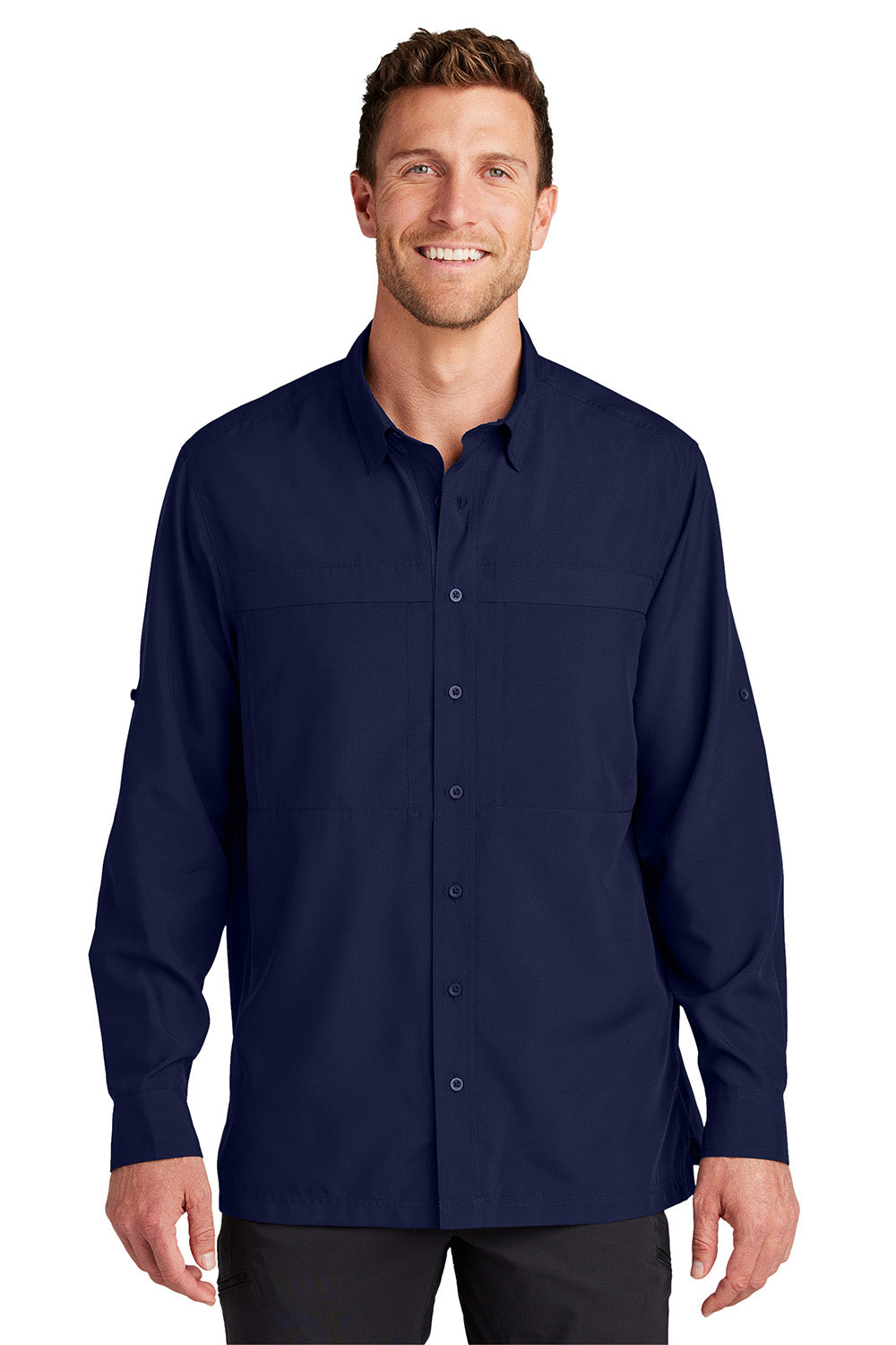 Port Authority W960 Mens Daybreak Moisture Wicking Long Sleeve Button Down Shirt w/ Double Pockets True Navy Blue Model Front