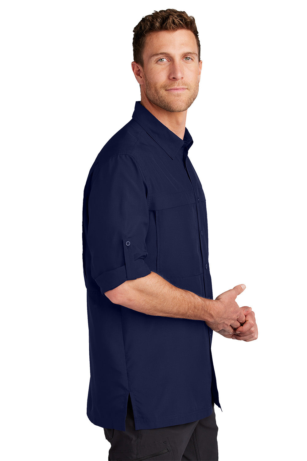 Port Authority W960 Mens Daybreak Moisture Wicking Long Sleeve Button Down Shirt w/ Double Pockets True Navy Blue Model Side