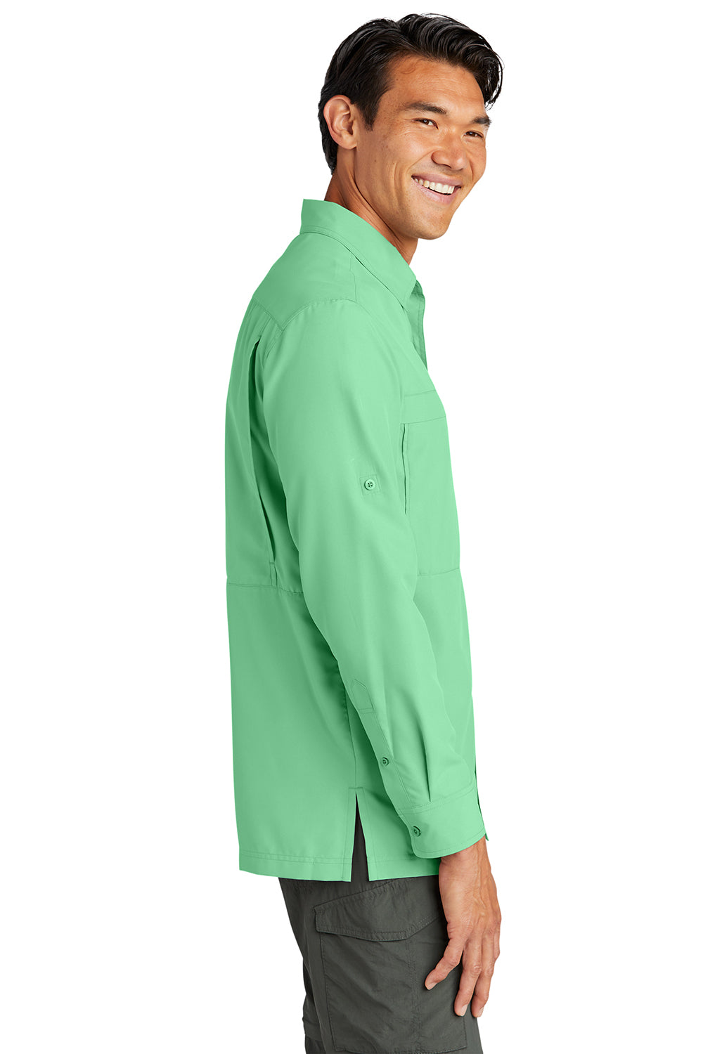 Port Authority W960 Mens Daybreak Moisture Wicking Long Sleeve Button Down Shirt w/ Double Pockets Bright Seafoam Green Model Side