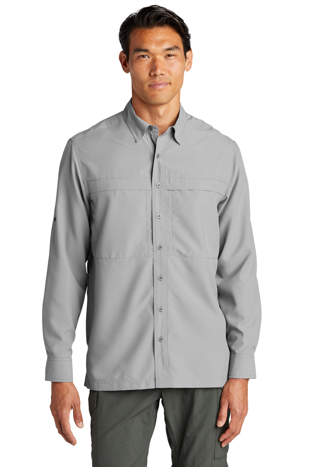 Port Authority W960 Mens Daybreak Moisture Wicking Long Sleeve Button Down Shirt w/ Double Pockets Gusty Grey Model Front