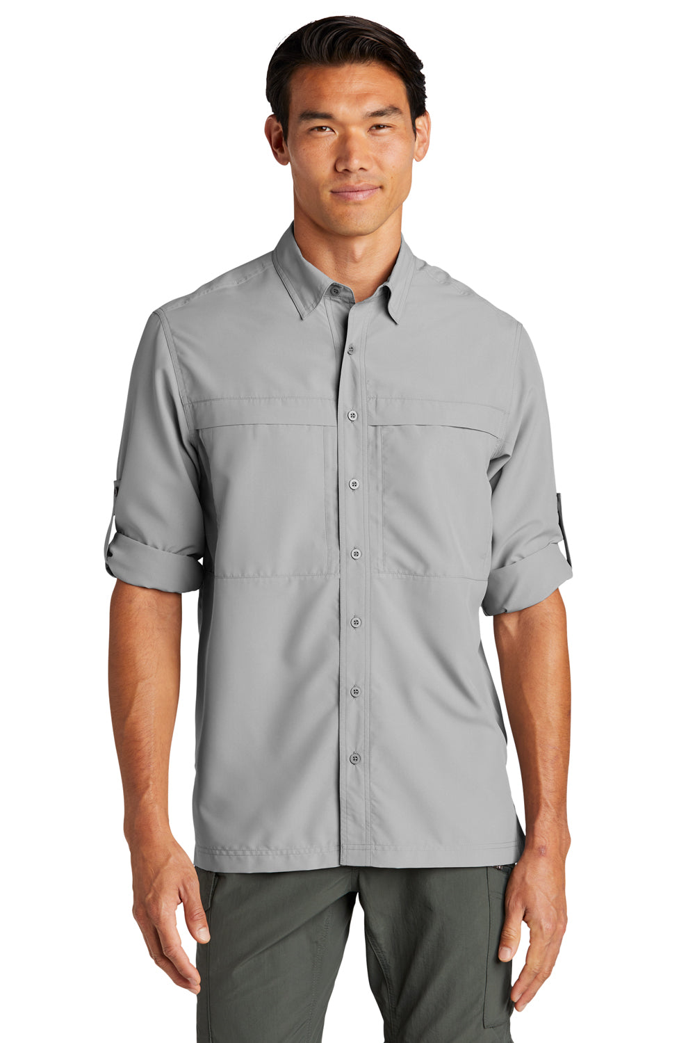 Port Authority W960 Mens Daybreak Moisture Wicking Long Sleeve Button Down Shirt w/ Double Pockets Gusty Grey Model 3q