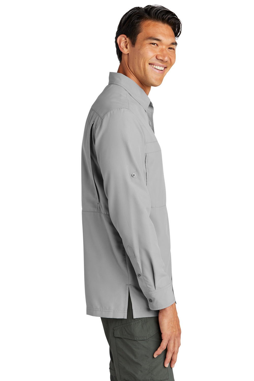 Port Authority W960 Mens Daybreak Moisture Wicking Long Sleeve Button Down Shirt w/ Double Pockets Gusty Grey Model Side