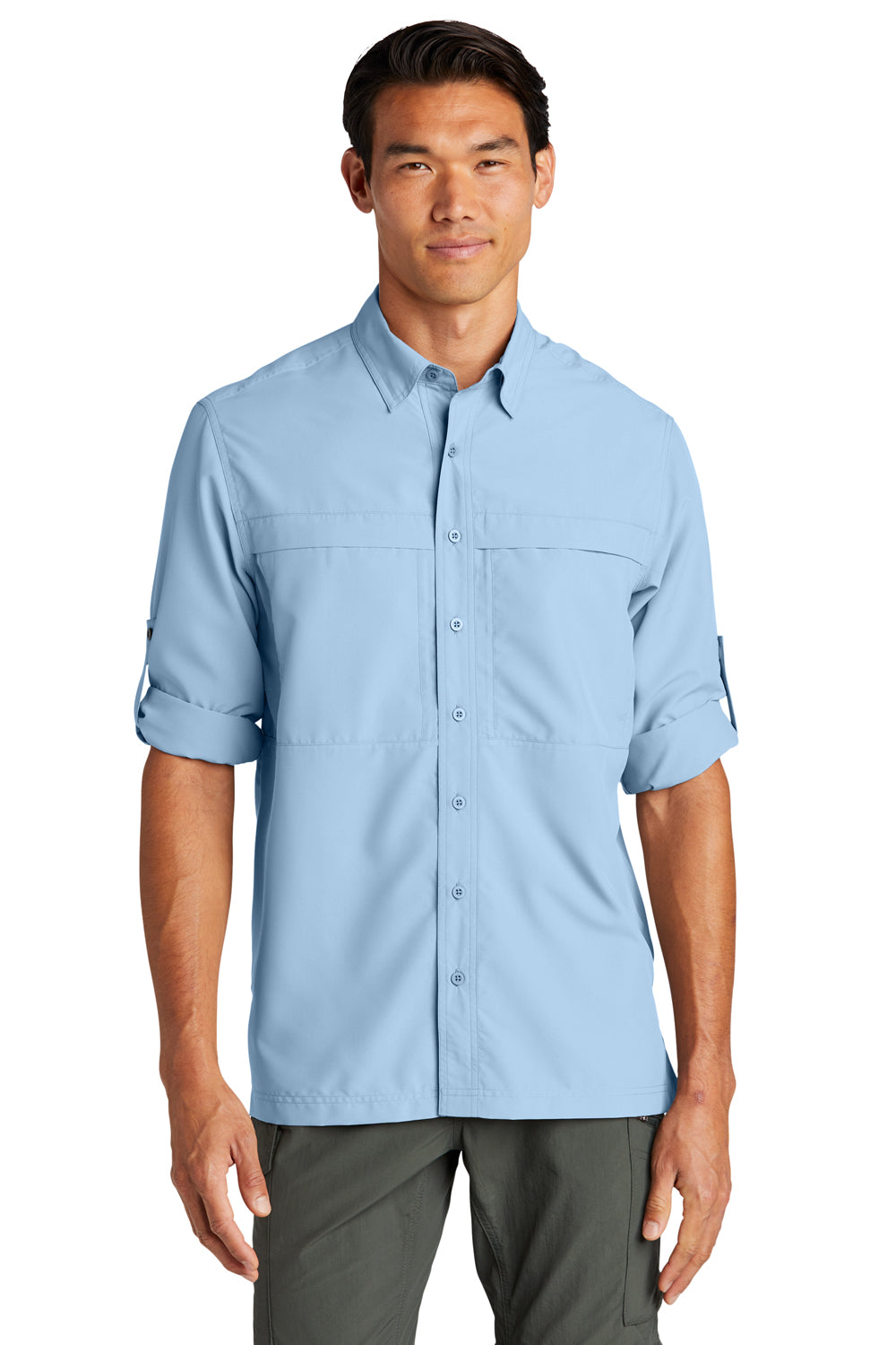 Port Authority W960 Mens Daybreak Moisture Wicking Long Sleeve Button Down Shirt w/ Double Pockets Light Blue Model 3q